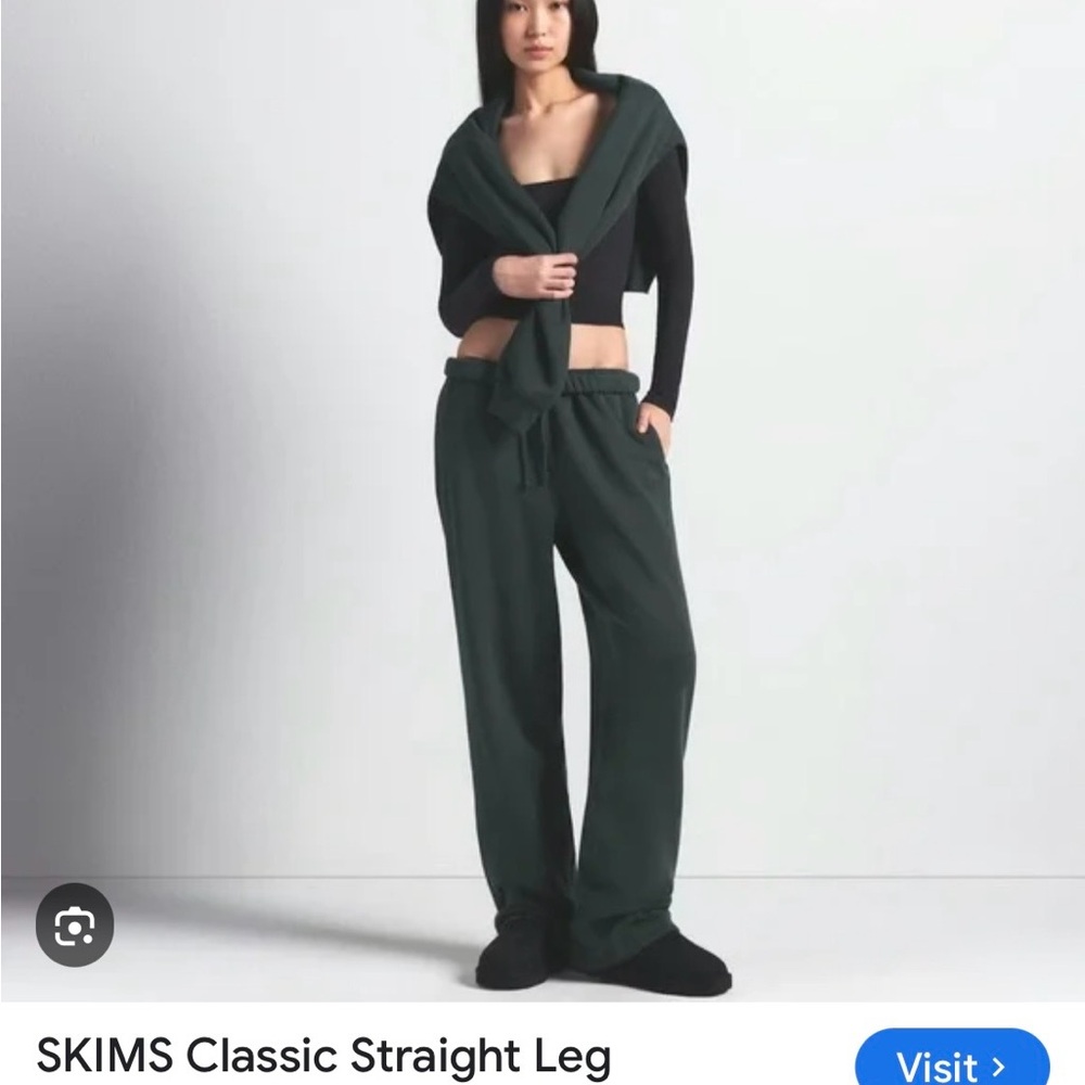 SKIMS Straight Leg Pants - Deep Green Sprue color.